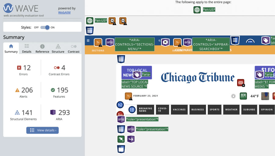 Screenshot of WAVE Tool assessment of Chicago Tribune Homepage