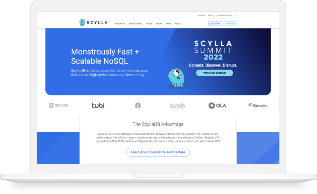 laptop mockup with ScyllaDB website