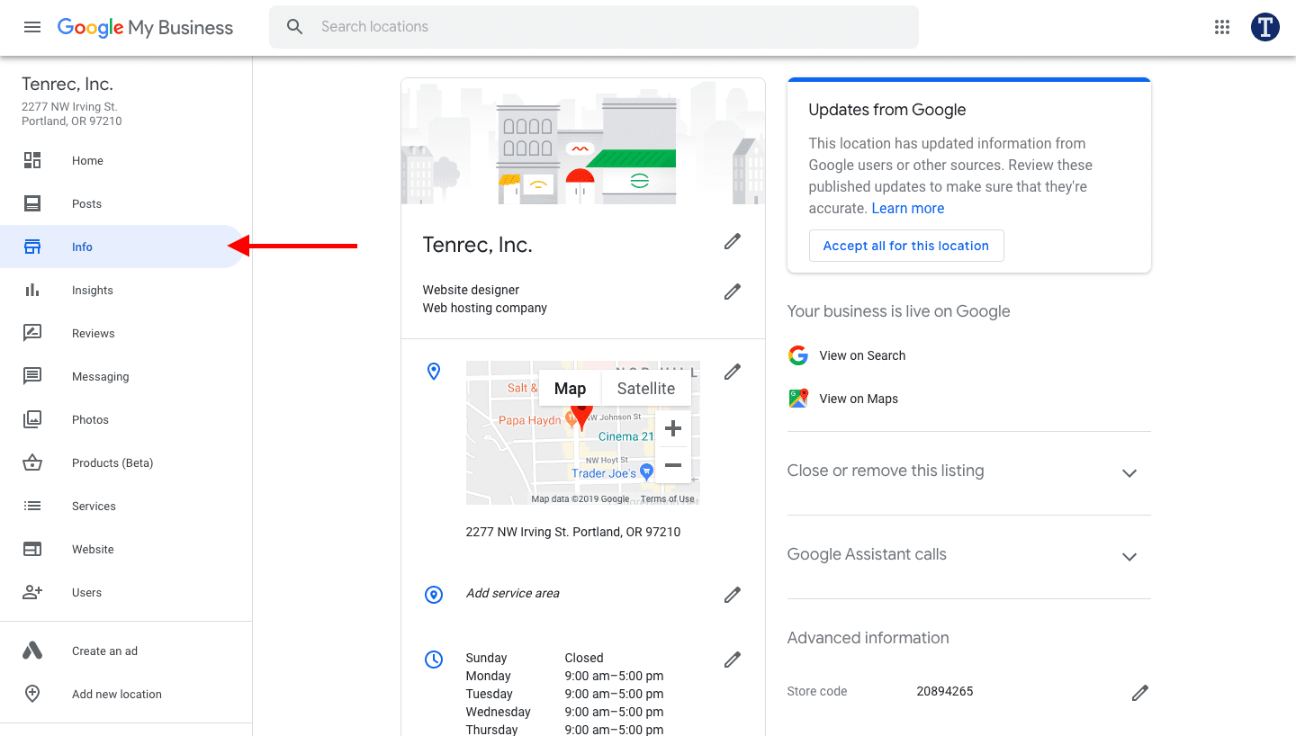 Info Tab - Google My Business