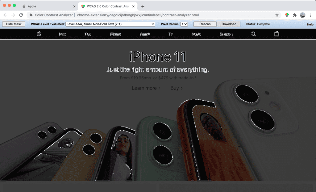 Screen shot of viewing a site through the Color Contrast Analyzer browser extension