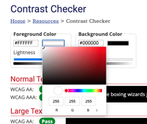 Screen shot of picking colors in WebAIM's contrast checker