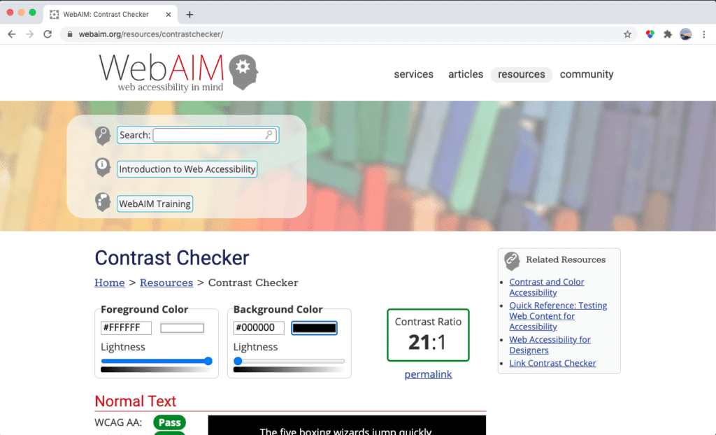 Screen shot checking color contrast levels at WebAIM.org