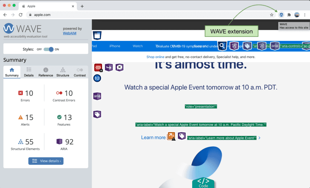 Screen shot of the WAVE Chrome extension