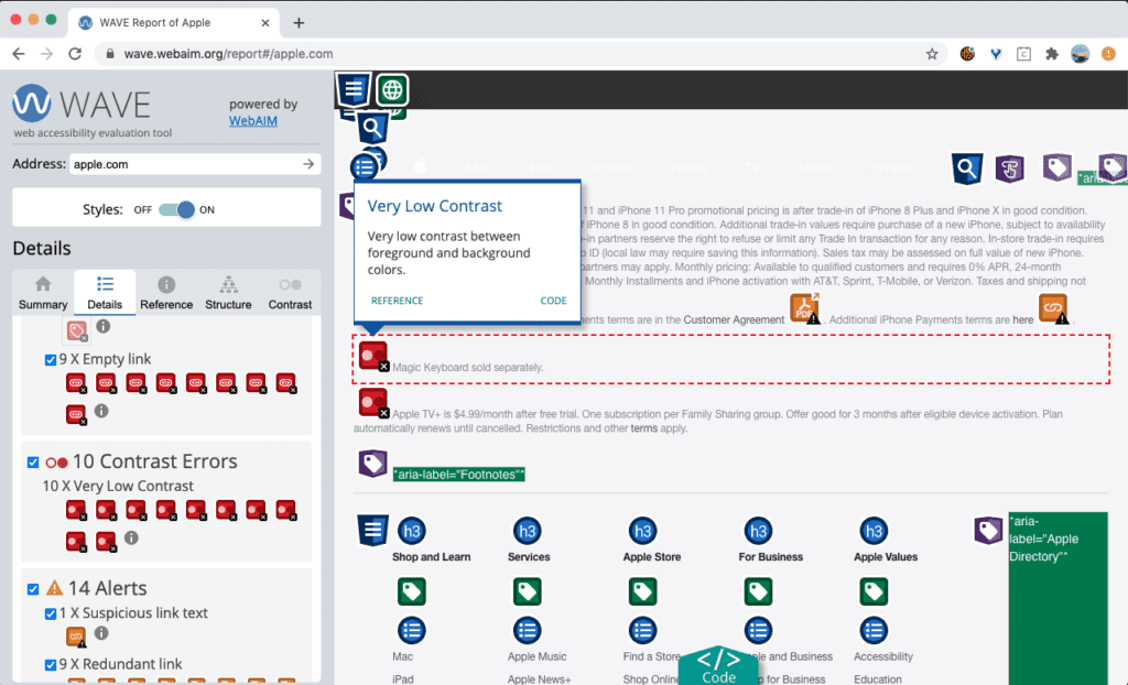 Screen shot of how the WAVE tool flags color contrast errors