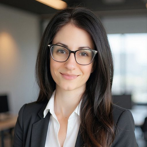 A woman with long dark hair and glasses, dressed in a blazer and white shirt, is smiling in an office setting with computers and windows in the background.