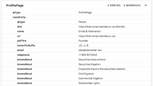 Image of the schema markup for an attorney's webpage profile.